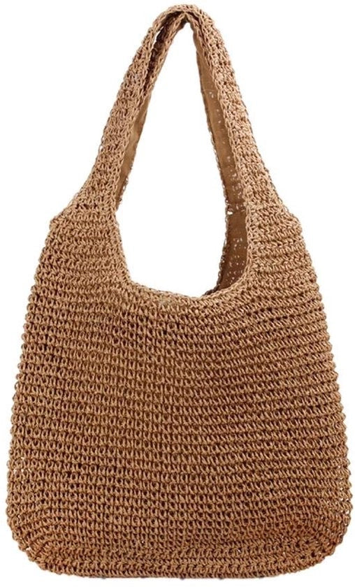 Borsa a Spalla in Rattan - Tela a Maglia a Mano - Estate - Cammello