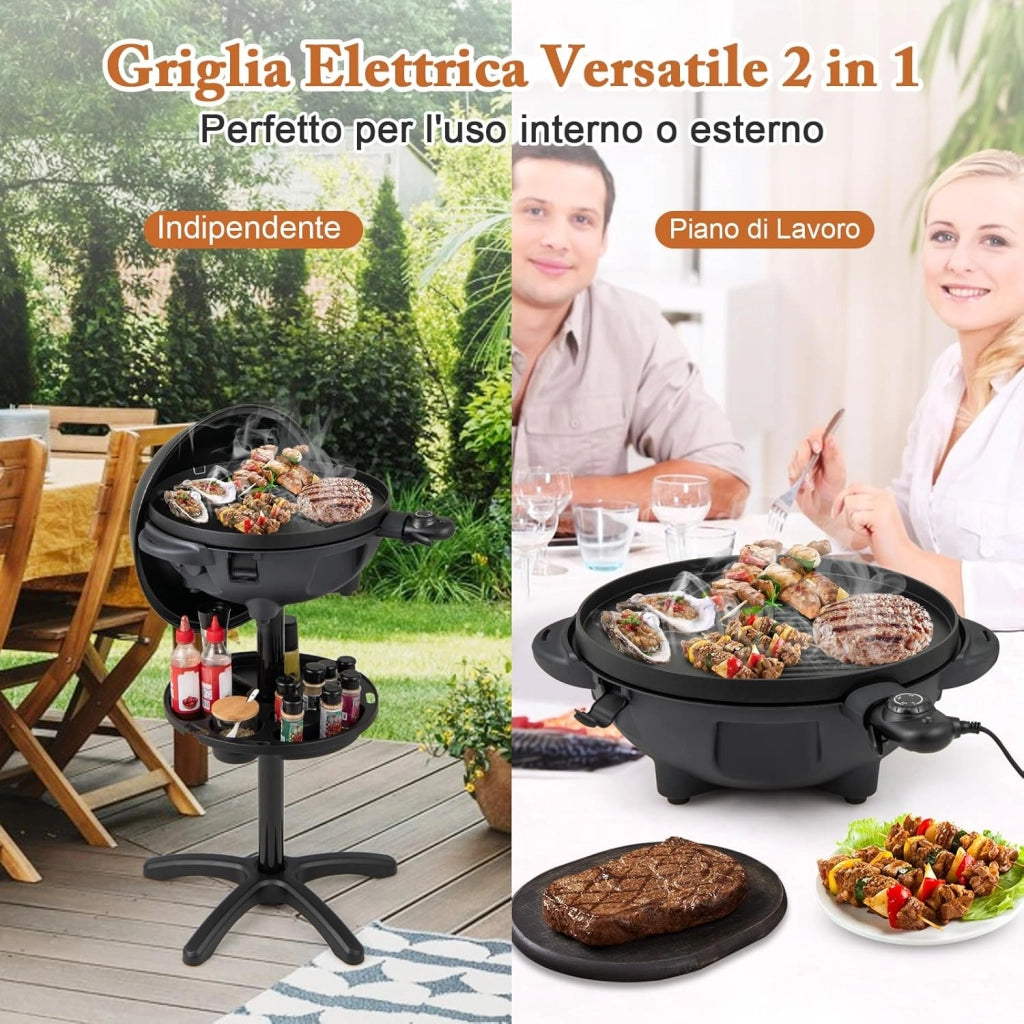 2 in 1 Barbecue Elettrico 1200W in Aluminio con Coperchio a Termometro, Barbecue da Tavolo con Mensola e Piedistalli, Griglia con Piastra Antiaderente per Interni ed Esterni, 63 x 63 x 100 cm