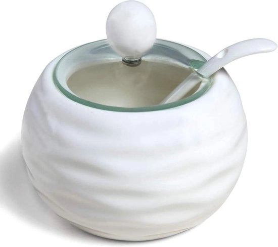 Suikerkom ceramico - moderna scatola di zucchero in porcellana bianca con coperchio trasparente e cucchiaio - 250 ml scatola di zucchero confezione per caffetteria, bar, ristorante e cucina da casa.