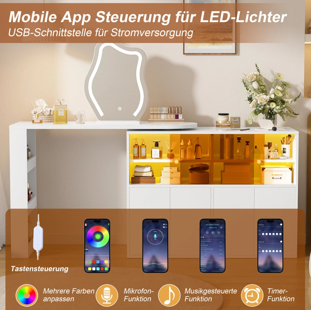 Tavolo da trucco girevole con specchio LED e ampio spazio