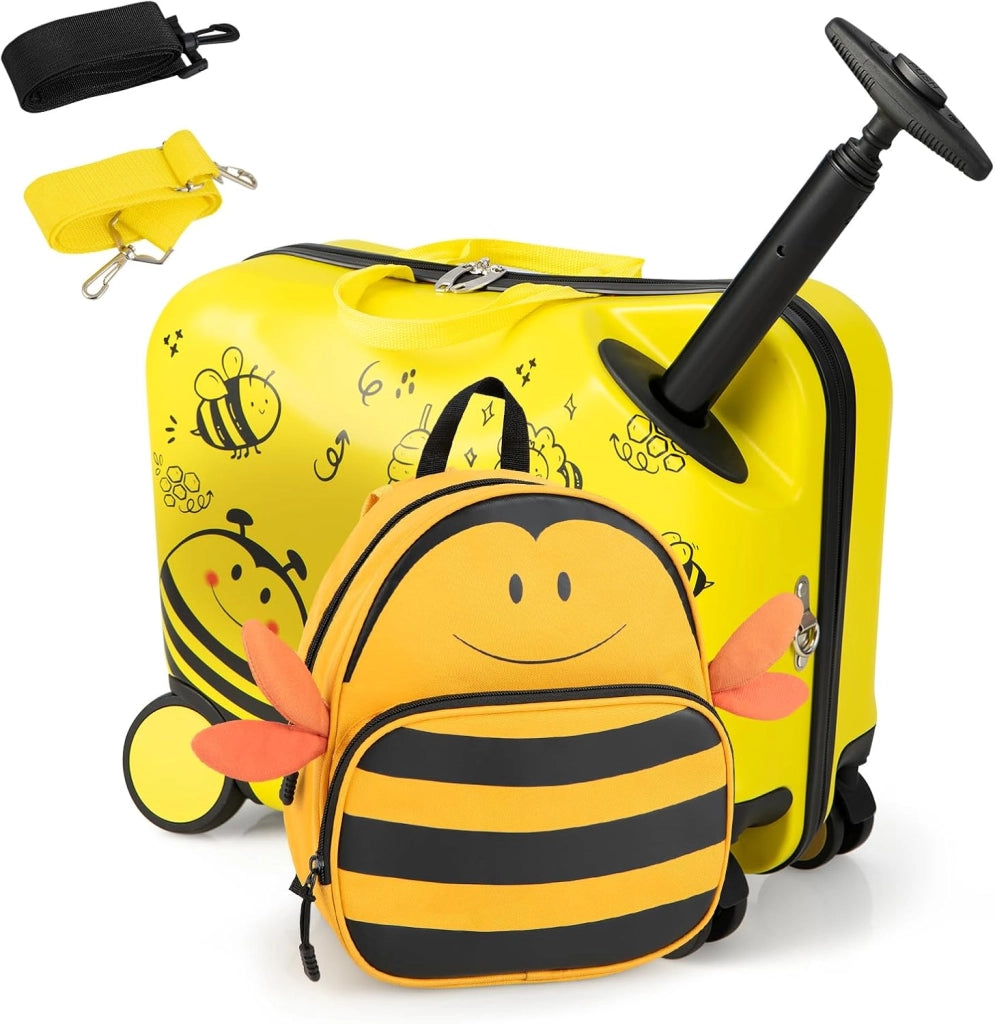 Set di Valigia Cavalcabile 18’’ + Zaino 12’’ per Bambini 2 Pezzi, Bagagli 2-in-1 di con Maniglia Telescopica e 4 Ruote, Trolley Bagaglio a Mano e Zaino per Bambini (Giallo Ape)