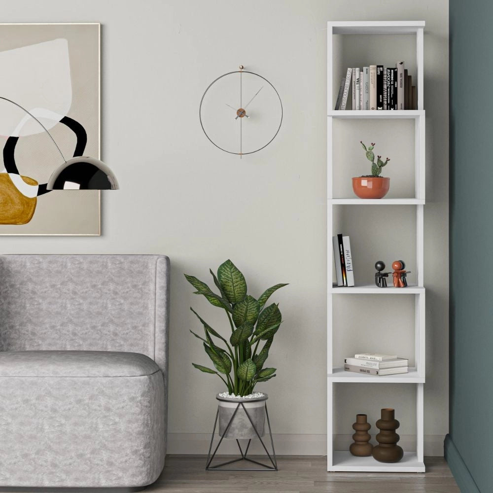 Libreria a cubo Piri bianca con 5 Ripiani 35x30x161H – Design geometrico e funzionalità