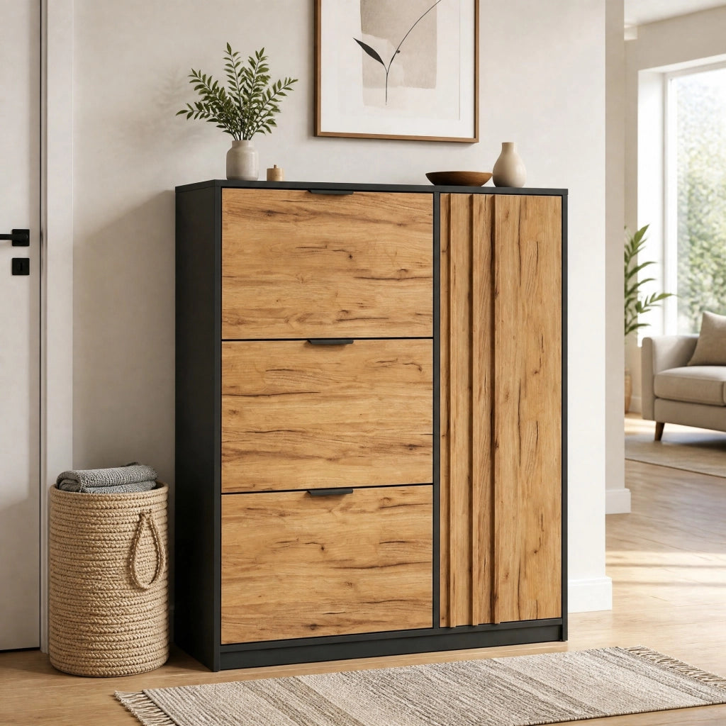 Scarpiera 100x30x130 cm in MDF con 3 ribalte e 1 vano chiuso, finitura naturale e nero