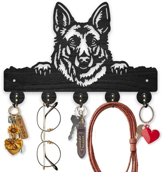 Sostegno per Chiavi in Legno da Parete - Cassetto con Ganci - Design Cane Corso - Nero - 5 Ganci - Decorazione per Entrata/Ufficio