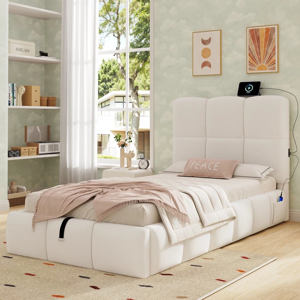 Letto singolo imbottito beige in bouclé con vano contenitore e porta USB Tipo-C