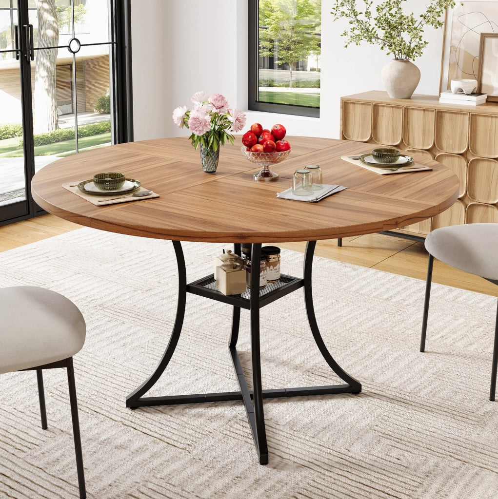 Tavolo rotondo da pranzo 100 cm in MDF effetto noce e metallo nero; con ripiano inferiore