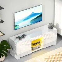 Mobile TV con Illuminazione LED, 2 Porte Armadio, Ripiano in Vetro, Passacavi, per Soggiorno, Truciolato, Bianco