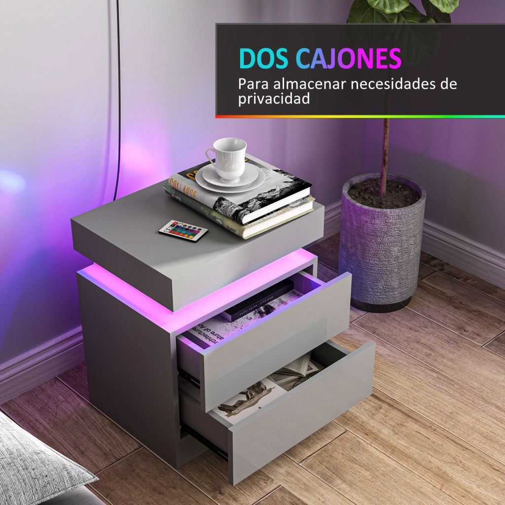 Comodino con Luci LED e 2 Cassetti ¨C zephmum ¨C Grigio 45x35x52 cm