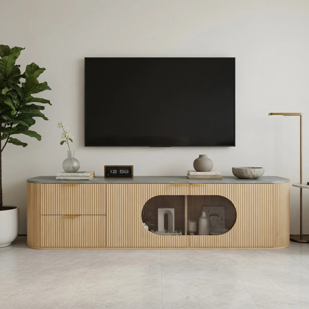 Cassettiera per TV in MDF con finitura naturale; lunghezza 172 cm