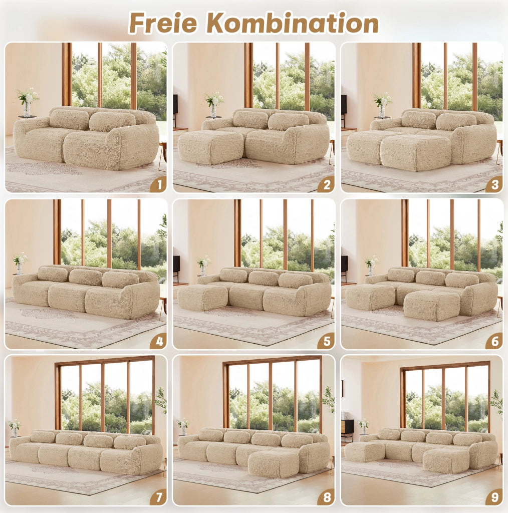 Divano modulare senza struttura 291x179x73 cm in tessuto peluche; Light Khaki