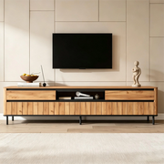 Mobile porta TV con 2 cassetti, 2 ante e passacavi, per soggiorno, in MDF e metallo, nero e naturale, 180 × 40 × 52 cm