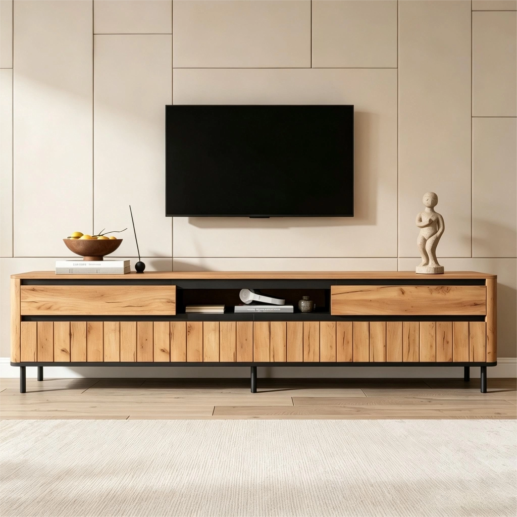 Mobile porta TV con 2 cassetti, 2 ante e passacavi, per soggiorno, in MDF e metallo, nero e naturale, 180 × 40 × 52 cm