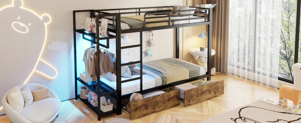 DESMIU Letto a castello 90 × 200 cm con 2 cassetti, ripiani, barra appendiabiti e LED, senza materasso