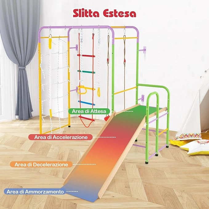 8 in 1 Set da Arrampicata per Bambini, Set Giocattoli Scivolo con Barre Scala Corda Anelli Ginnici e Altalena, Parco Giochi per Bambini 3 Anni +, Carico 100 kg