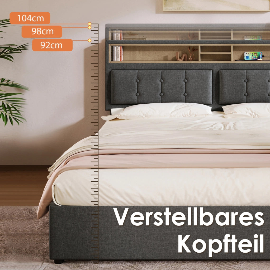 Letto matrimoniale imbottito 140x200 cm con materasso; 4 cassetti; testiera regolabile; grigio