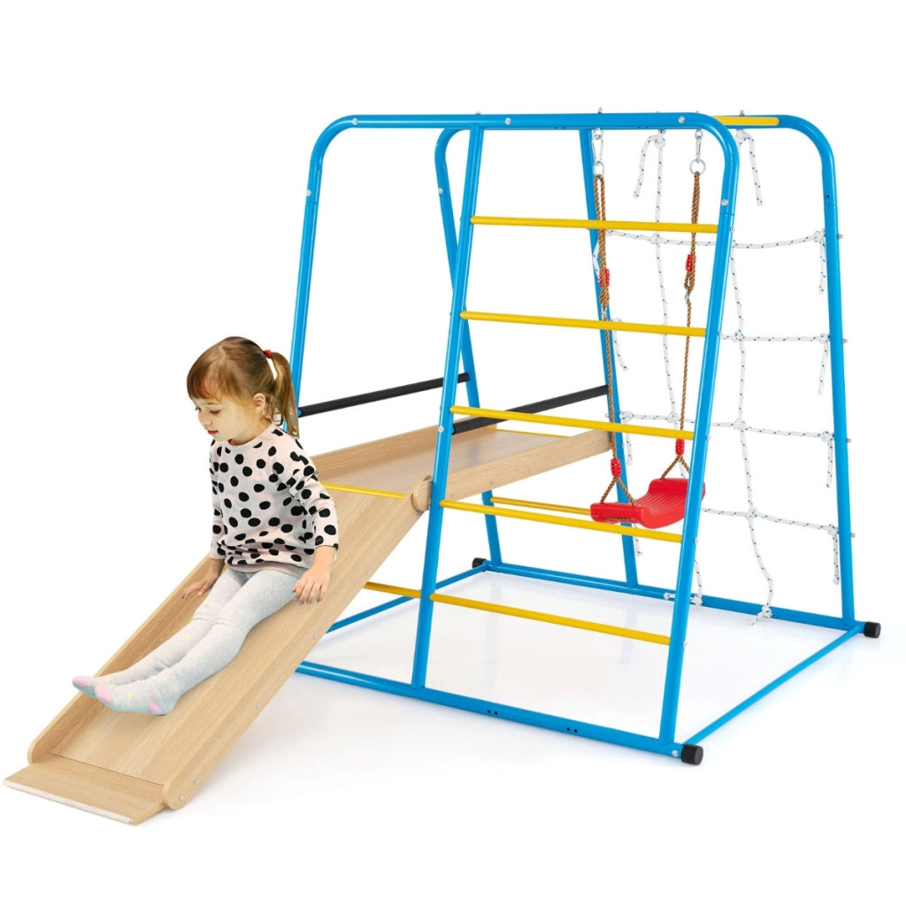 Set da arrampicata di metallo montessori 6 in 1 con scivolo altalena sbarre, Parco giochi da interno per bambini Blu-Arrampicate e scivoli