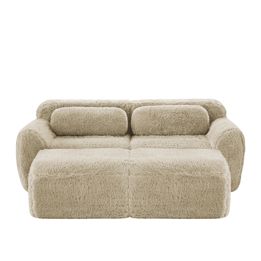 Divano Modulare 2 Posti con Pouf Reversibili, Design Senza Struttura, in Peluche, Cachi Chiaro