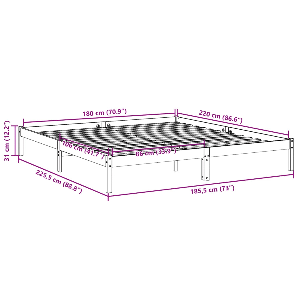 Letto matrimoniale | Letto per adulti | Letto Extra Lungo senza Materasso Bianco 180x220 cm in Pino