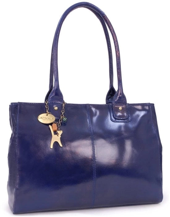 Borsa a tracolla per donna in pelle - Borsa tote grande - Borsa per portare il portafoglio e il quaderno A4 - Nero - Blu