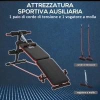Panca per Addominali Pieghevole e Regolabile con Vogatore e 2 Corde, in Acciaio 51x137x50-66 cm, Nera e Rossa