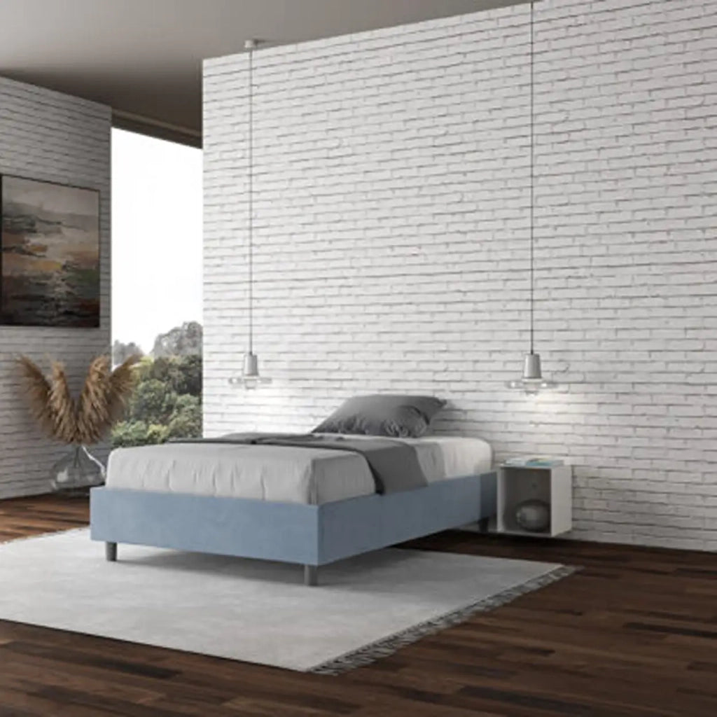 Letto matrimoniale francese con rete imbottito 140x190 microfibra azzurro Azelia