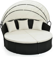 Set Giardino da Esterno in Rattan PE, Divano Rotondo in 4 Pezzi con Cuscini, Lounge Letto Matrimoniale con Tettuccio Parasole, Lettino Prendisole Max 360kg per Piscina e Cortile, 168x180x157