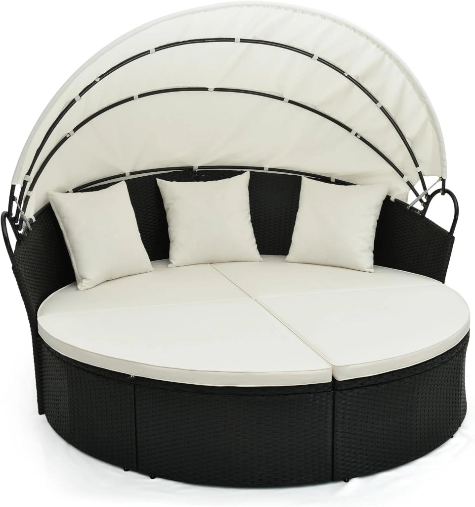 Set Giardino da Esterno in Rattan PE, Divano Rotondo in 4 Pezzi con Cuscini, Lounge Letto Matrimoniale con Tettuccio Parasole, Lettino Prendisole Max 360kg per Piscina e Cortile, 168x180x157