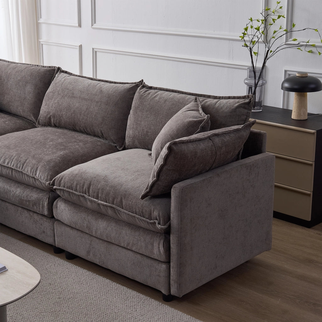 Divano angolare modulare con chaise longue e pouf, tessuto chenille grigio, struttura in legno massiccio, 3 posti