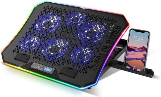 Portatile ventilato RGB per laptop da 10 a 19 pollici - 6 ventilatori silenziosi - raffreddamento laptop - 6 posizioni regolabili - supporto per smartphone - Airblade 1200