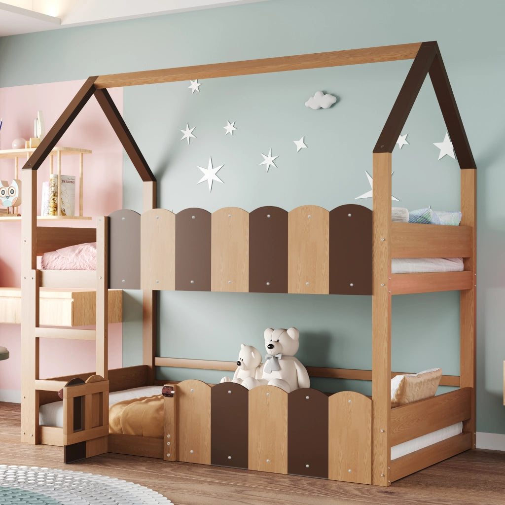 Letto a Castello 90 x 200 cm con Sponde e Porta Frontale; in Legno; Colore Naturale