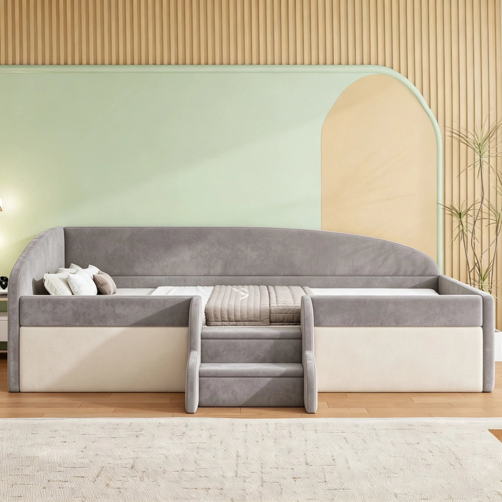 Letto imbottito per bambini con gradini e recinzioni, 90x190 cm, grigio