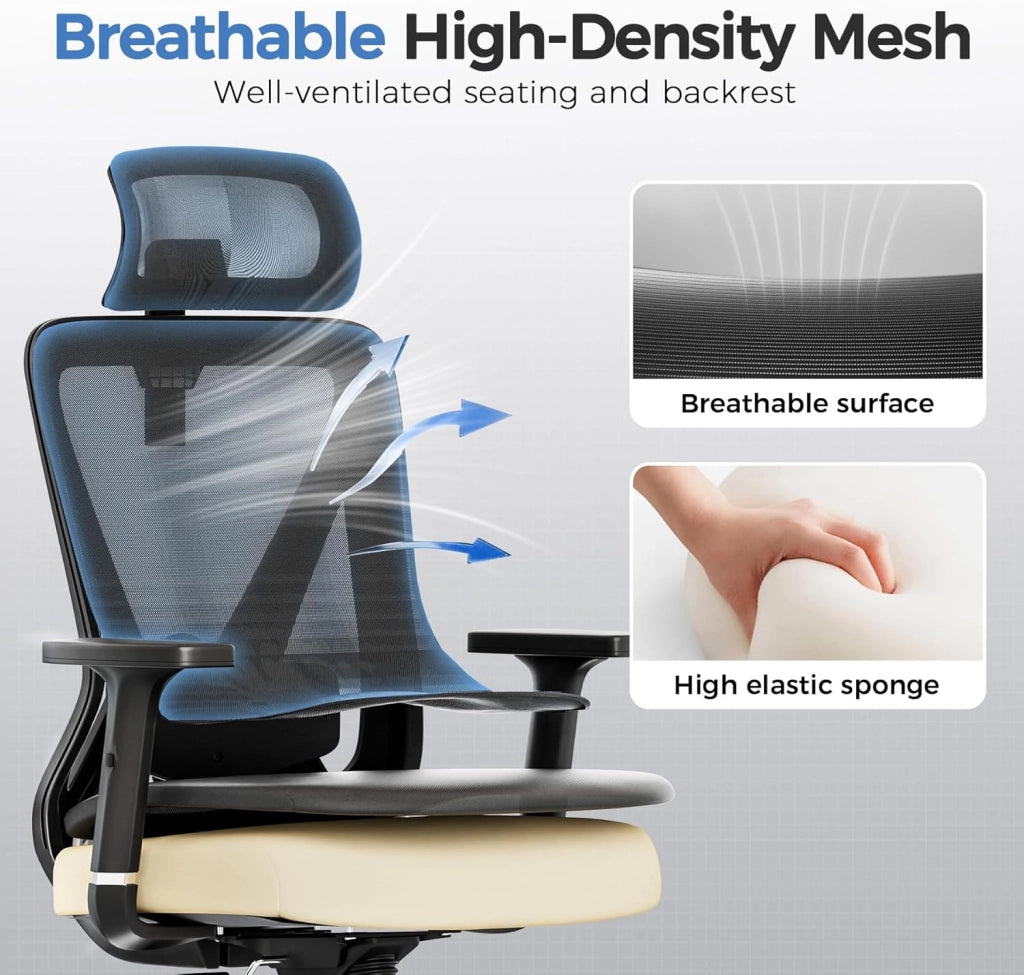 Sedia da ufficio ergonomica, con poggiatesta 3D e supporto lombare 3D, braccioli regolabili, sedia da ufficio con funzione basculante e ribaltabile