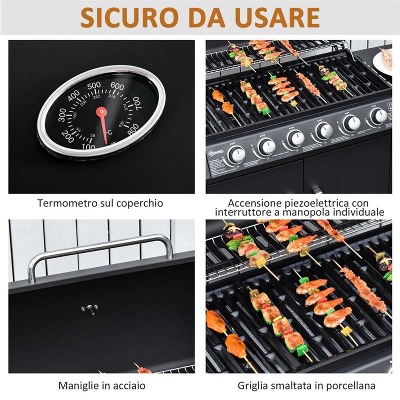 BARBECUE A GAS CON COPERCHIO, 7 BRUCIATORI DA 20KW, FORNELLO LATERALE E 2 RUOTE, 135X50X100CM NERO