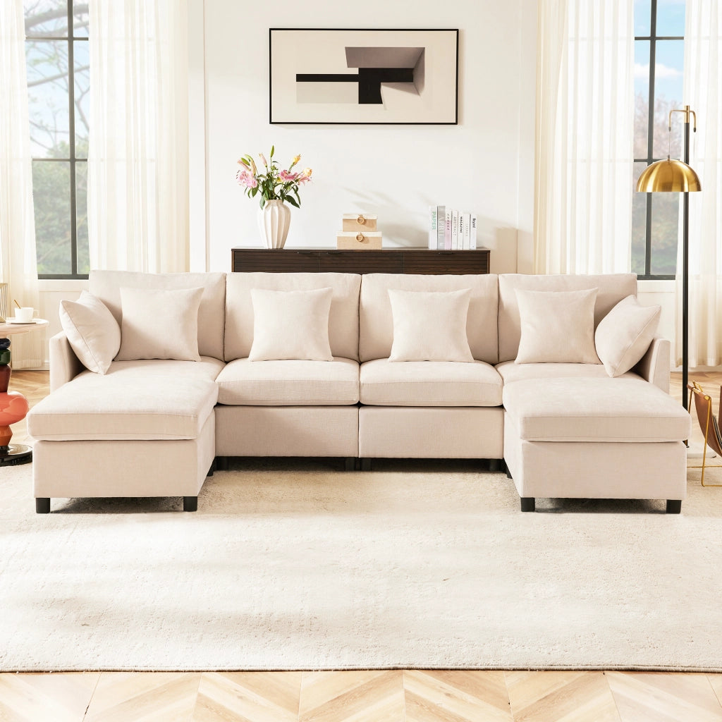 Divano Modulare da 4 a 6 Posti con Configurazione a U o a L e 2 Pouf, 6 Cuscini, in Ciniglia Beige