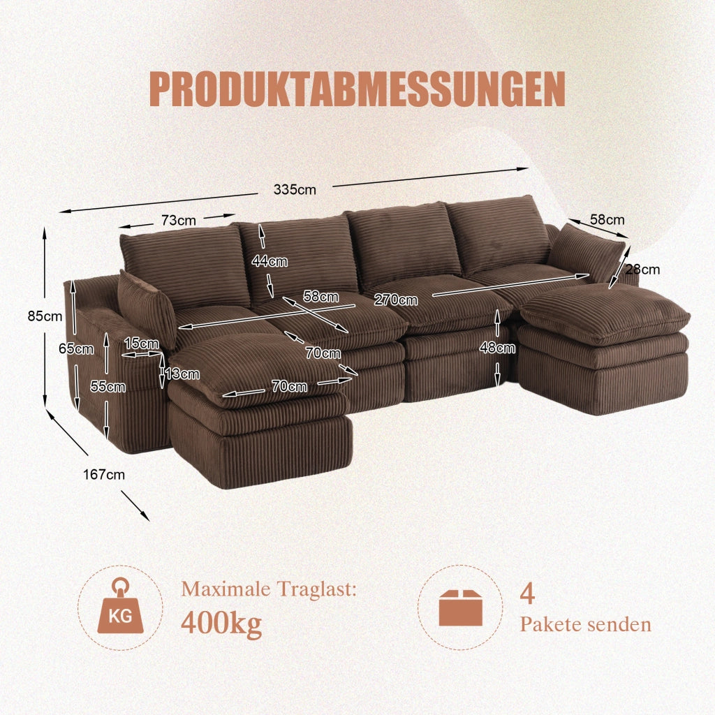 Divano modulare 4 posti in tessuto a coste con cuscini e tasche laterali e comfort a molle marrone 335 × 167 × 85 cm