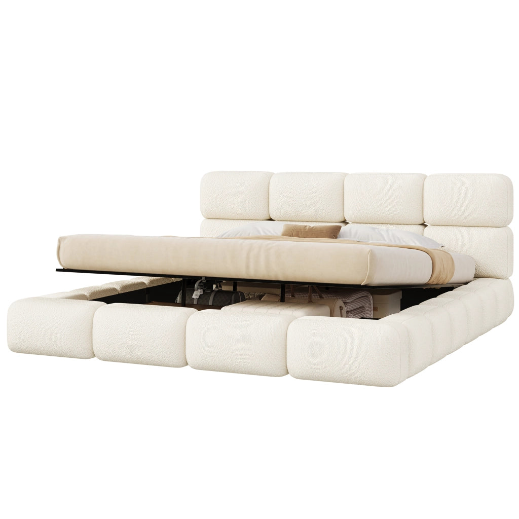 Letto matrimoniale contenitore imbottito 200x200 cm design nuvola bubble con ampio vano; bouclé bianco