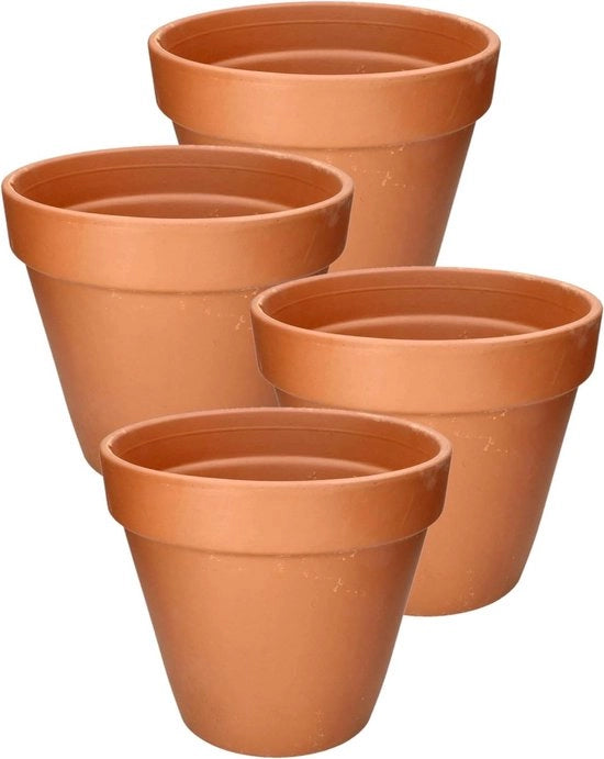 Set di 4 vasi di terracotta, diametro 11 cm, ideale per interni e giardini con bordo.