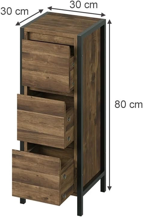 mobiletto bagno Naola, Quercia/nero, 30 x 80 cm con 3 cassetti, per la conservazione di articoli da bagno e asciugamani