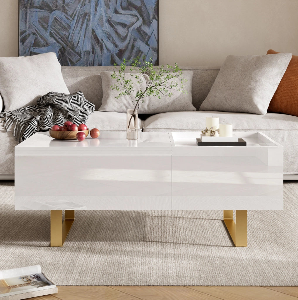 Tavolino da caffè elevabile con vano contenitore e cassetto; 100x50x54;5 cm; MDF bianco