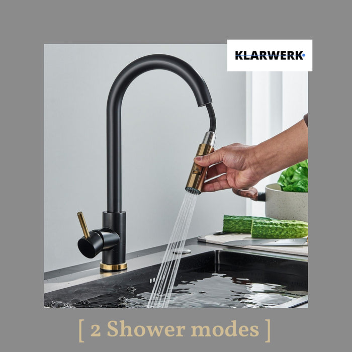 JANA | Rubinetto da cucina estensibile Premium in acciaio inossidabile oro nero | Miscelatore alto Bogo alta pressione ruotabile a 360° 2 attacchi