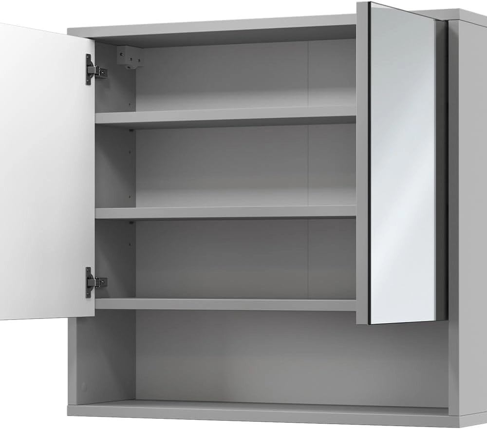 Specchio contenitore bagno Eliza, Grigio, 70 x 65 cm con 2 porte, adatto per montaggio a parete e combinabile con la serie Eliza