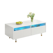 Tavolino da Salotto con 2 Cassetti e LED; Frontali Ondulati; per Soggiorno; in MDF; 110 × 50 × 40 cm; Bianco