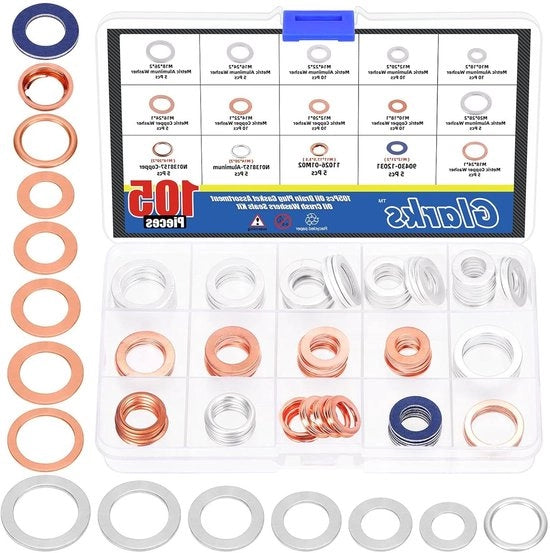 Kit di imballaggio per olio con 105 pezzi, 15 misure, con guarnizioni di compressione, gomme e viti in alluminio, rame e acciaio per M10 M12 M14 M16 M18 M20