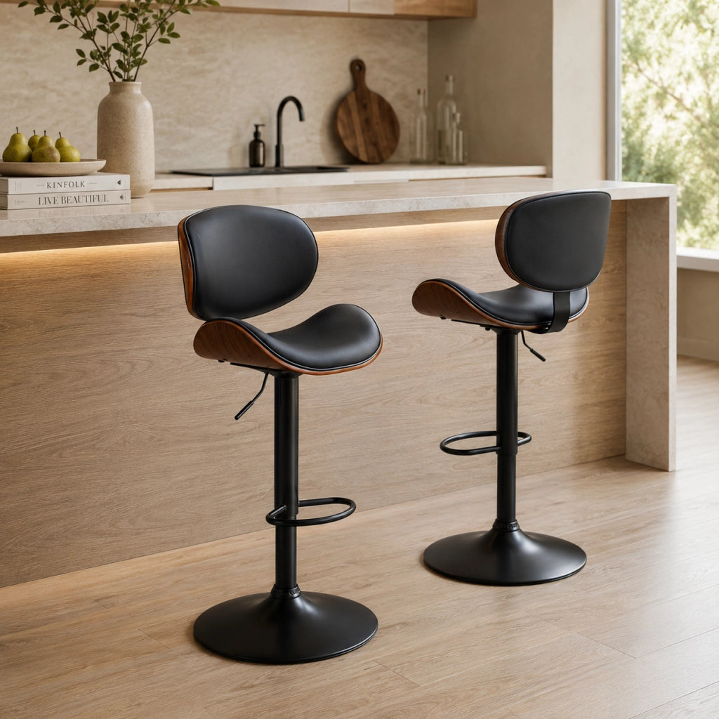 Sgabello da bar girevole regolabile 53x52x92-112 cm con seduta imbottita in similpelle e legno; nero