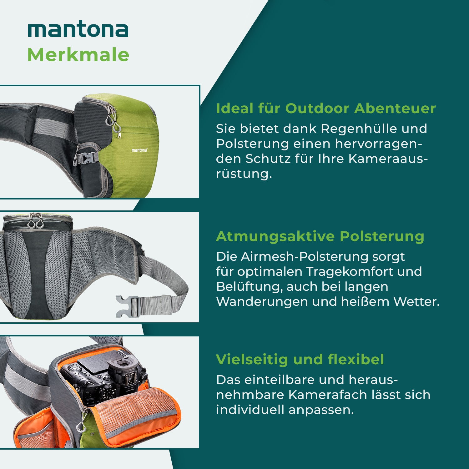 Mantona elementsPro 10 verde - borsa fotografica per fotografi all'aperto con cintura, imbottitura traspirante e copertura antipioggia - compatta e leggera - per fotocamere DSLR