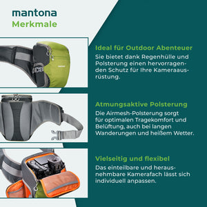 Mantona elementsPro 10 verde - borsa fotografica per fotografi all'aperto con cintura, imbottitura traspirante e copertura antipioggia - compatta e leggera - per fotocamere DSLR