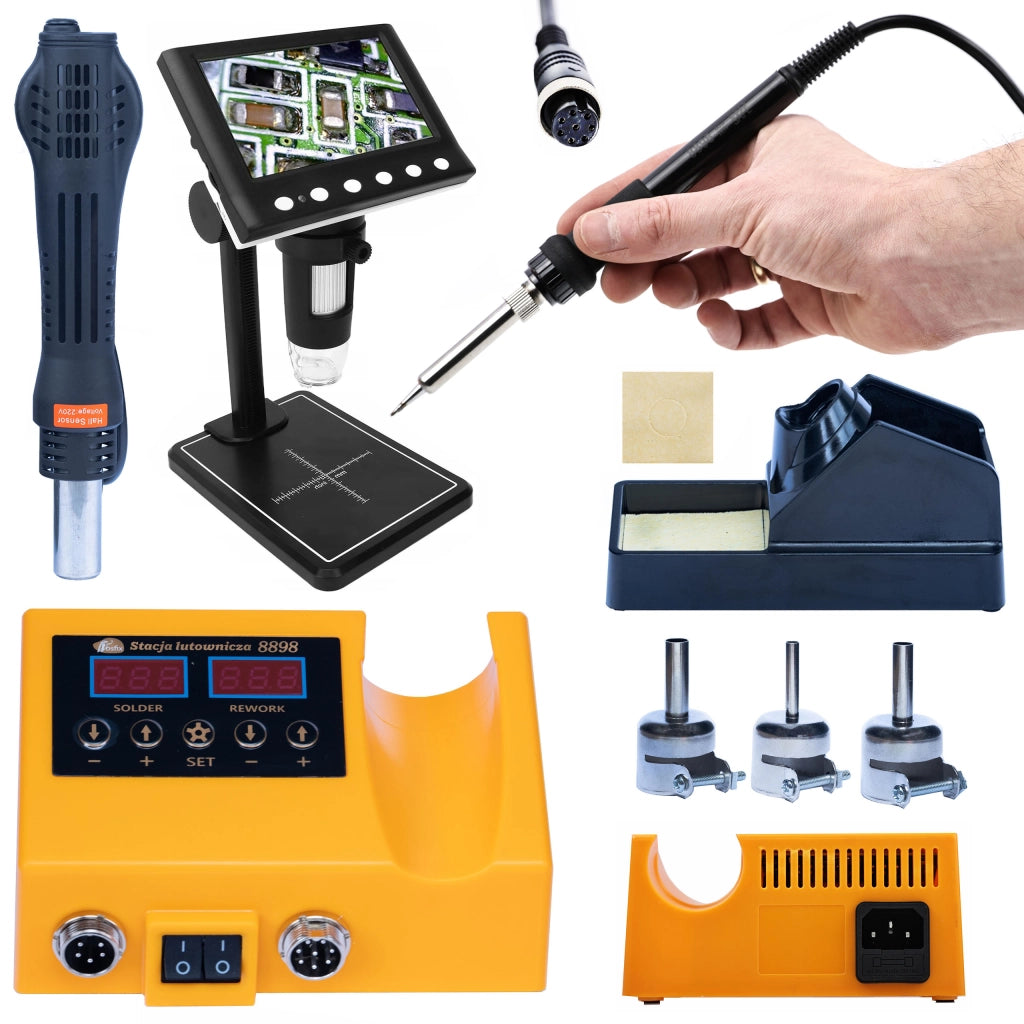 Mikroscopio Digitale con Display 4,3" + Stazione Saldante 2in1 – Ingrandimento 40X-1000X, 8 LED, Potenza 660W, USB