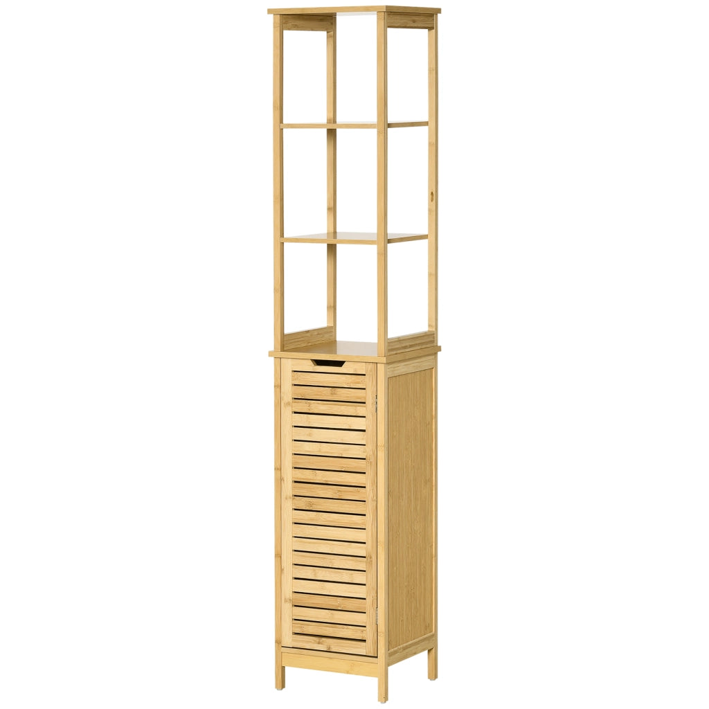 Mobile Bagno a Colonna in Bambù con 3 Ripiani e 1 Credenza Design a Doghe Salvaspazio 34x30x173cm