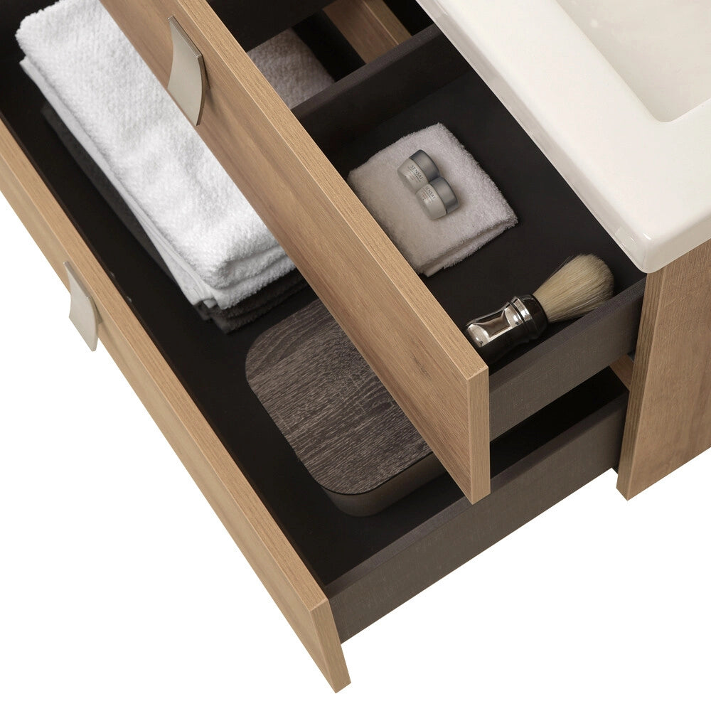 Mobile bagno sospeso 80 cm in rovere chiaro con lavabo e specchio tondo Bravo