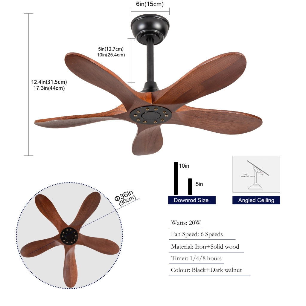Ventilatore da soffitto senza luce 36 pollici; 5 pale in legno massello; noce scuro e nero
